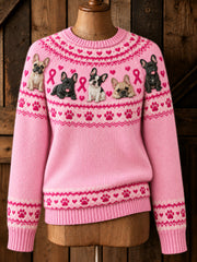Women's Vintage Pink Ribbon French Bulldog Yoke Isle Print Long-sleeved Sweater