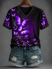 Women's Purple Art Printed V-neck T-shirt