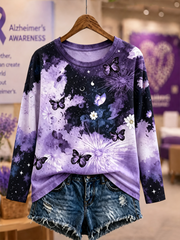 Women's Purple floral print Round neck long sleeve T-shirt
