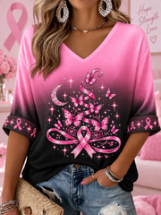 Women's Breast Cancer Mid-length Sleeves V-Neck T-Shirt
