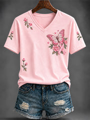 Women's Breast Cancer Pink Printed V-neck T-shirt