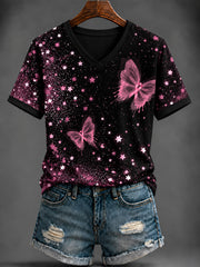 Women's Breast Cancer Pink Printed V-neck T-shirt