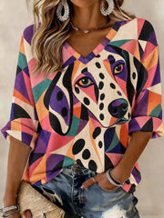 Women's Art Dog Printed Mid-length Sleeves V-neck T-shirt