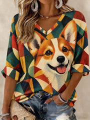 Women's Art Dog Printed Mid-length Sleeves V-neck T-shirt