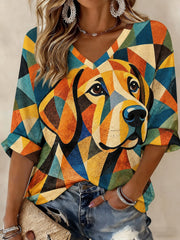 Women's Art Dog Printed Mid-length Sleeves V-neck T-shirt