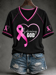 Women's Breast Cancer Awareness Pink Ribbon Support V-neck Short Sleeve T-shirt