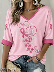 Women's Public Welfare Print Design on Disease Theme Casual Mid-length Sleeves V-Neck T-Shirt