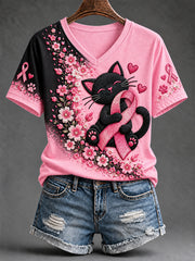 Women's Breast Cancer Awareness Support Print V-Neck Tee