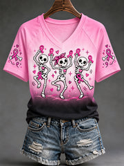 Women's Pink Ribbon Skeletons Print Breast Cancer Awareness Support V-Neck Tee