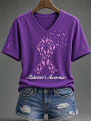 Women's Purple Floral & Alzheimer's Awareness Support Print V-Neck Tee
