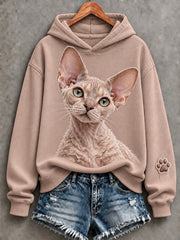 Women's Cute Devon Rex Cat Print Comfy Hoodie