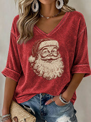 Women's Retro Santa Claus Christmas Print Casual Mid-length Sleeves V-Neck T-Shirt
