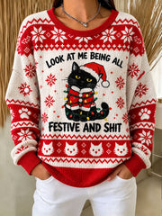 Women's Christmas Funny Cat Print Hoodie