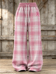 Women's Pink Charity Ribbon Pattern Check Design Casual Sweatpants