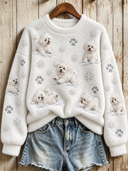 Women's Snowy Winter Bichon Dogs in the Snow Print Flannel Sweatshirt