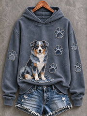 Women's Australian Shepherd & Paw Prints Patchwork Print Casual Hoodie