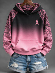 Women's Pink Charity Ribbon and Leopard Print Pattern Gradient Design Casual Hoodie