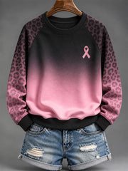 Women's Pink Charity Ribbon and Leopard Print Pattern Gradient Design Casual Raglan Sleeve Sweatshirt