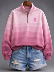 Women's Vintage Pink Ribbon Inspired Gradient Print Zip Up Sweatshirt