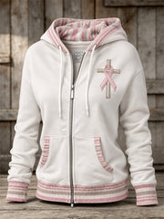 Women's Pink Ribbon Christian Cross Striped Print Full Zip Hoodie