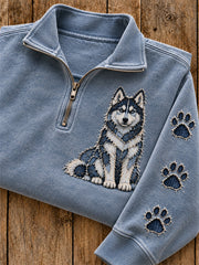 Women's Patchwork Husky Dog & Paw Print Zip Up Sweatshirt