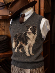 Men's Vintage 70s Border Collie Dog Print Cozy Vest