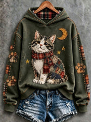 Women's Patchwork-style Cat print Regular Sweatshirt