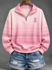 Women's Pink Charity Ribbon Pattern Striped Color-Blocked Design Casual Half-Zip Sweatshirt