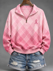 Women's Pink Charity Ribbon Pattern Checkered Design Casual Half-Zip Sweatshirt