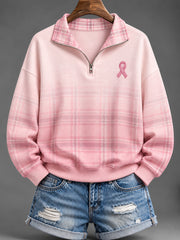 Women's Pink Charity Ribbon Pattern Checkered Design Casual Half-Zip Sweatshirt