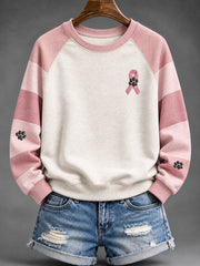 Women's Pink Charity Ribbon And Paws Pattern Striped Color-Blocked Design Casual Raglan Sleeve Sweatshirt