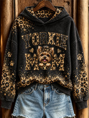 Women's Yorkie Mom Peeking Dog Glitter Leopard Print Hoodie