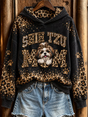 Women's Shih Tzu Mom Peeking Dog Glitter Leopard Print Hoodie
