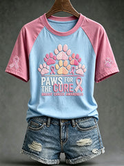 Women's breast cancer theme Paws For The Cure slogan cute dog print casual short-sleeve T-shirt