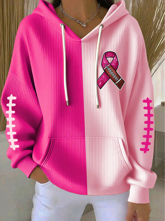 Women's Breast Cancer Awareness Rugby Pink Ribbon Print Casual Hoodie