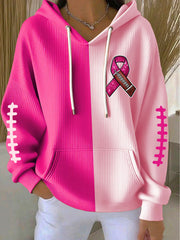 Women's Breast Cancer Awareness Rugby Pink Ribbon Print Casual Hoodie