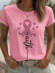 Women's Pink Ribbon Print Casual T-shirt