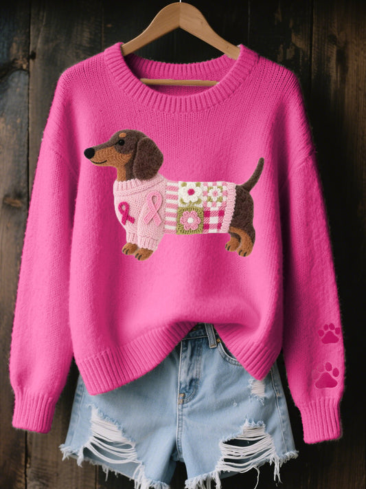 Women's Wool Felt Art Dachshund Pattern Cozy Knit Sweater