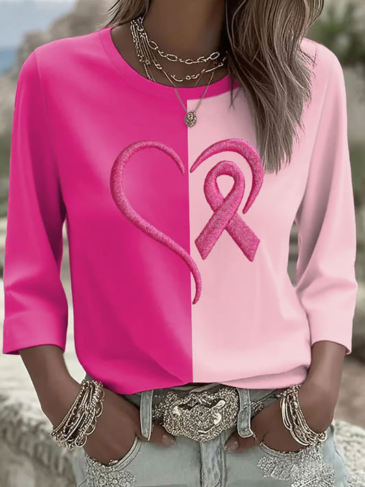 Women's Pink Ribbon Print Casual T-shirt