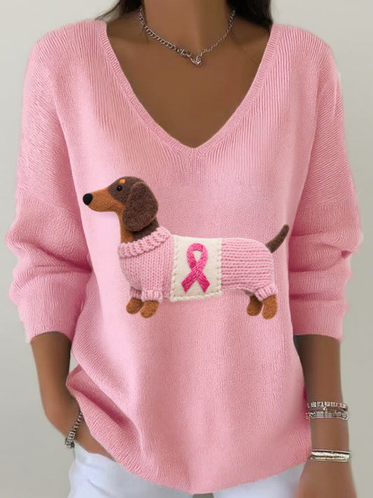 Women's Felt Art Dachshund Pattern V-Neck Ribbed Top