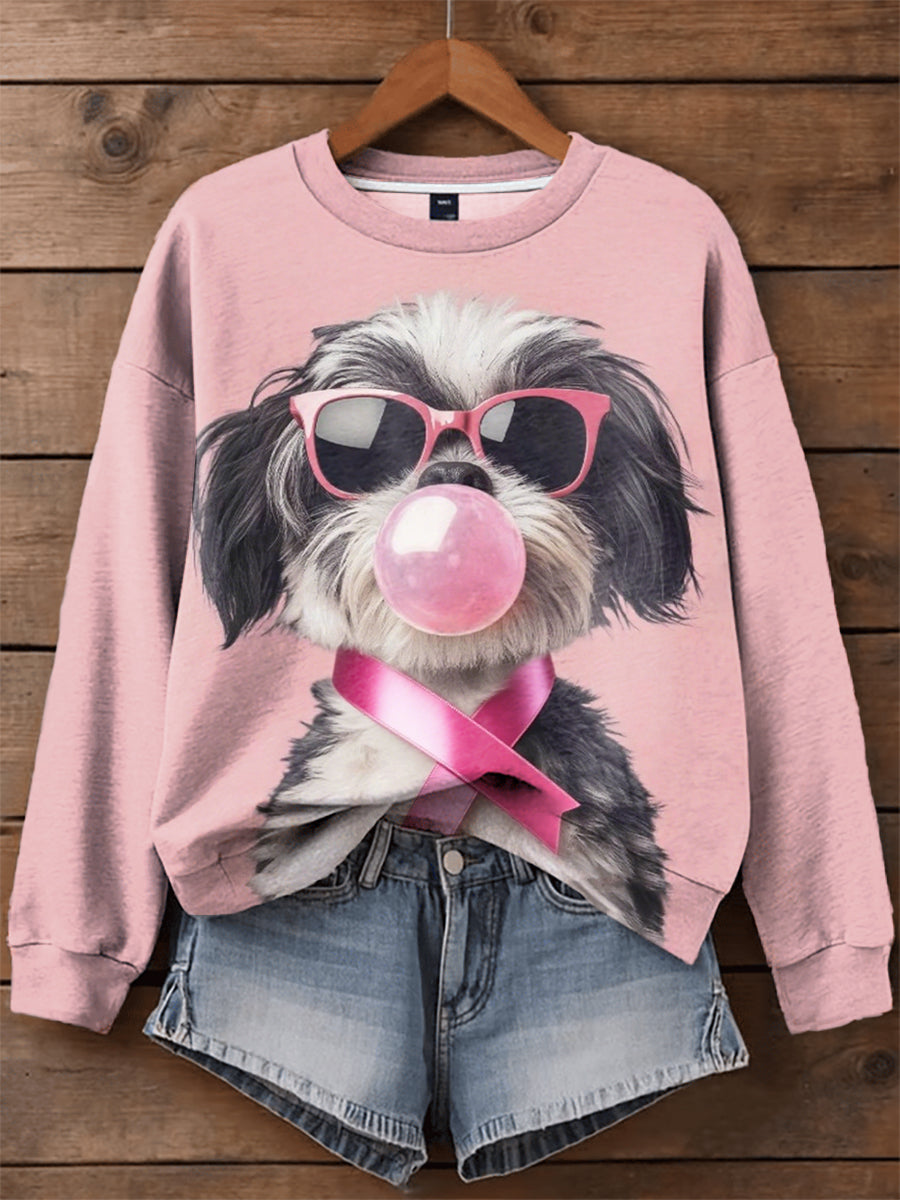 Women's Pink Ribbon Animals Print Casual Sweatshirt