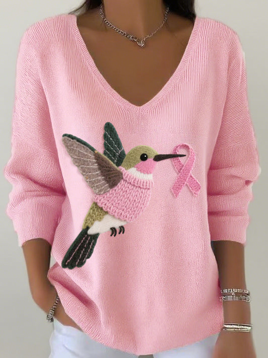 Women's Felt Art Hummingbird Pattern V-Neck Ribbed Top