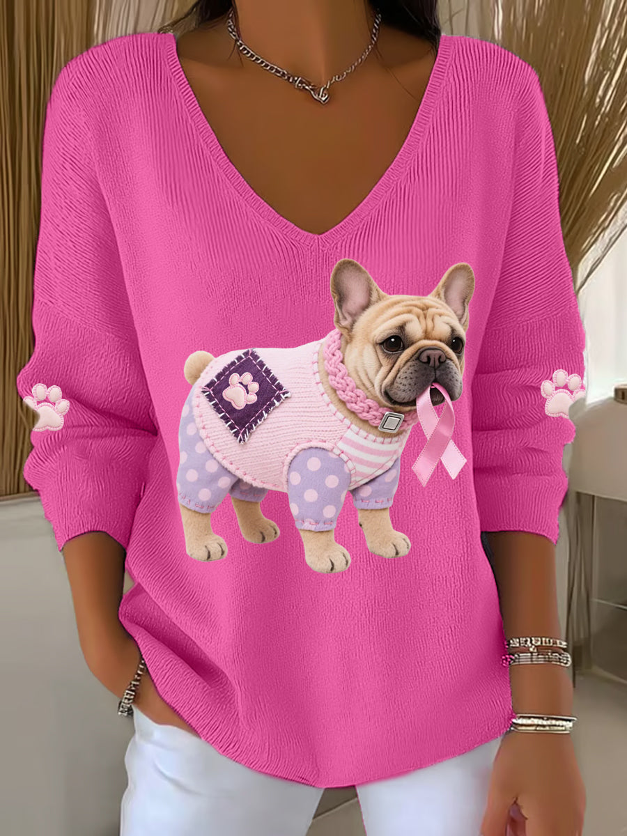 Women's Pink Dog Pink Ribbon Breast Cancer Awareness Support Long-Sleeve Top
