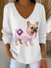 Women's Pink Dog Pink Ribbon Breast Cancer Awareness Support Long-Sleeve Top