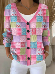 Women's Breast Cancer Pink Patchwork Print Cardigan