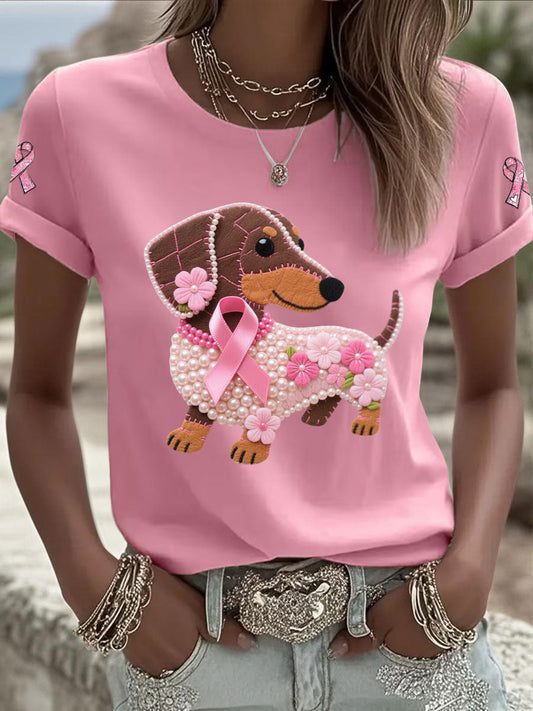 Women's Pink Ribbon Print Casual T-shirt