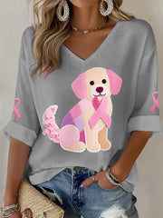 Women's Pink Dog Pink Ribbon Breast Cancer Awareness Support Long-Sleeve T-shirt