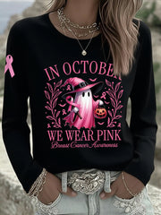 Women's In October We Wear Pink Halloween Pink Ghost Breast Cancer Awareness Support  Long Sleeve T-Shirt