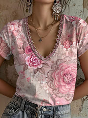 Women's Pink Floral Print Casual T-Shirt