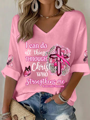 Women's Breast Cancer Awareness I Can Do All Things Through Christ Pink Ribbon Waffle T-shirt